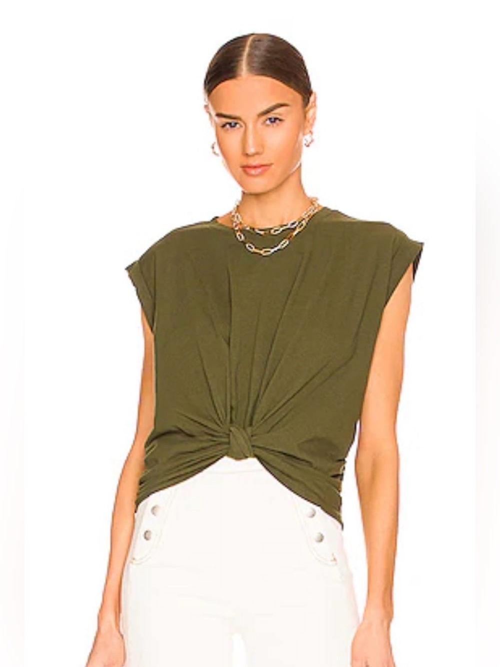 Frame Knot-Front Sleeveless Top in Olive Green